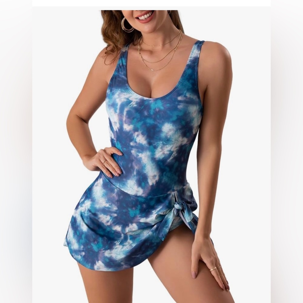 Scoop Neck Blue Tie-Dye Swimdress with Side Tie